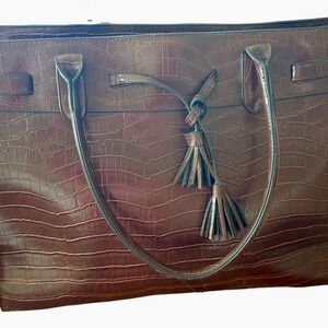 Bueno Brown Croc Embossed Faux Leather Tote Tassel Satchel Laptop Work Bag